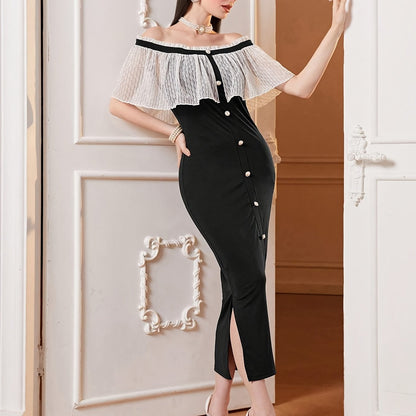 vlovelaw Off-shoulder Lace Cape Dress, Chic Split Hem Slim Dress For Spring & Summer, Women's Clothing