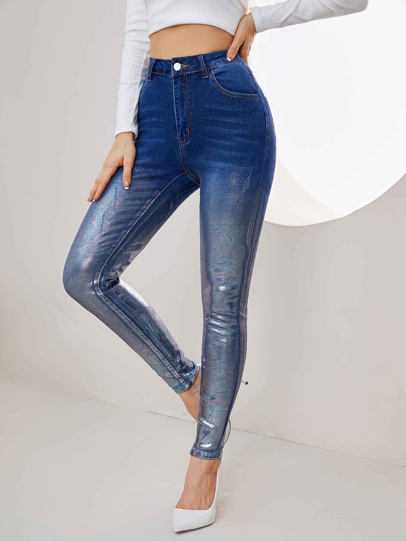vlovelaw  Ombre Metallic Skinny Jeans, Fashion High Stretch Casual Denim Pants With Slant Pocket, Women's Denim Jeans & Clothing