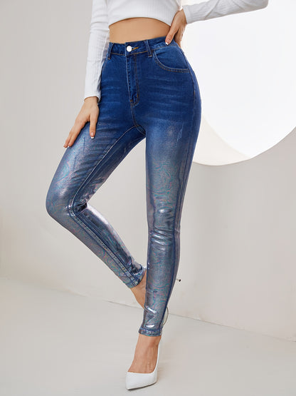 vlovelaw  Ombre Metallic Skinny Jeans, Fashion High Stretch Casual Denim Pants With Slant Pocket, Women's Denim Jeans & Clothing