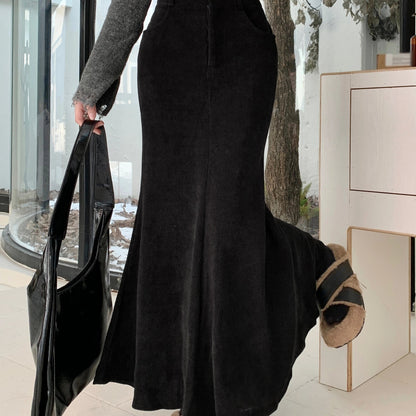 Solid Color Corduroy Mermaid Skirt, Stylish High Waist Slant Pockets Skirt, Women's Clothing