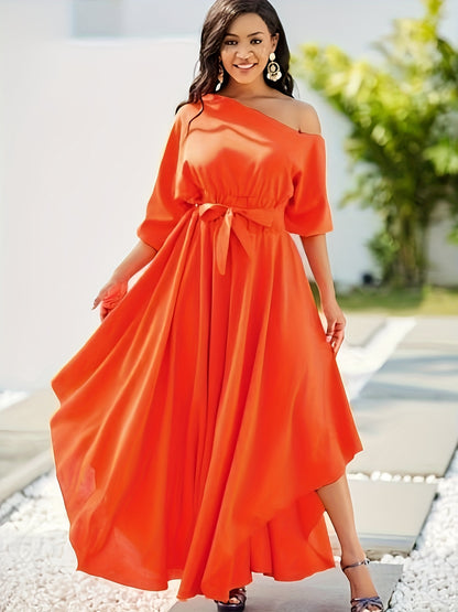 vlovelaw Plus Size Solid Cold Shoulder Belted Dress, Elegant Short Sleeve Irregular Hem Slit Dress, Women's Plus Size Clothing