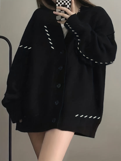 xieyinshe  V Neck Button Knit Cardigan, Preppy Long Sleeve Drop Shoulder Sweater, Women's Clothing