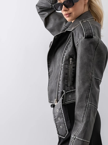 vlovelaw  Faux Leather Pockets Motor Jacket, Casual Long Sleeve Crop Jacket For Fall & Winter, Women's Clothing