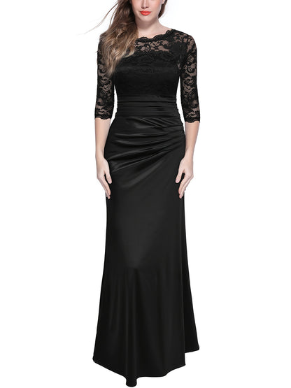 vlovelaw  Contrast Lace Solid Dress, Elegant 3/4 Sleeve Pleated Maxi Evening Dress, Women's Clothing