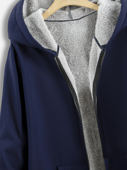 vlovelaw Plus Size Hoodie Fleece Liner Zip Up Coat, Women's Plus Warm Winter Casual Faux Fur Coat