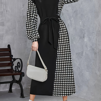 vlovelaw  Houndstooth Print Splicing Mock Neck Dress, Casual Cinched Waist Long Sleeve Belted Dress, Women's Clothing