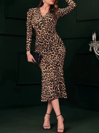vlovelaw  Leopard Ruched Bodycon Dress, Elegant V Neck Long Sleeve Dress, Women's Clothing