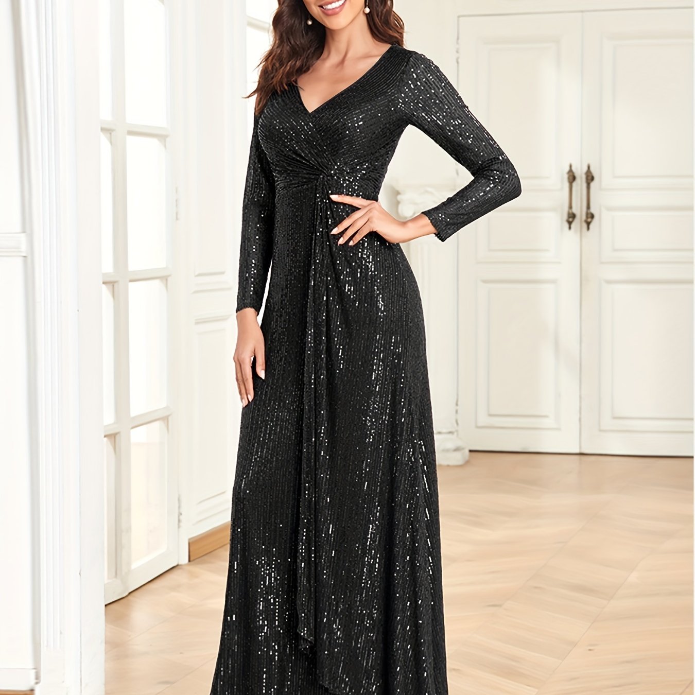 vlovelaw  Sequins V Neck Evening Dress, Elegant Long Sleeve Waist Guest Prom Cocktail Floor Length Dress, Women's Clothing