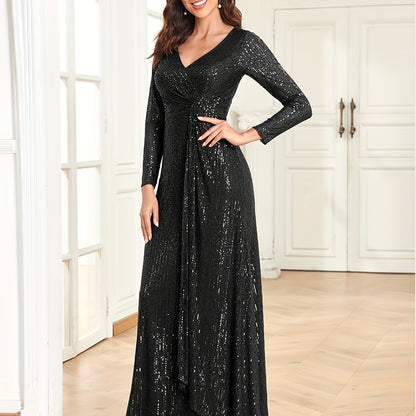 vlovelaw  Sequins V Neck Evening Dress, Elegant Long Sleeve Waist Guest Prom Cocktail Floor Length Dress, Women's Clothing