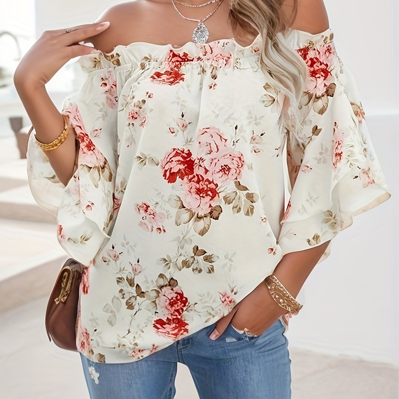 vlovelaw  Floral Print Off Shoulder Top, Elegant Strapless Short Sleeve Top For Summer, Women's Clothing
