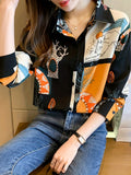 vlovelaw  Color Block Button Front Shirt, Elegant Turn Down Collar Long Sleeve Shirt, Women's Clothing
