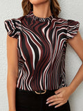 Casual Allover Print Ruffle Trim Blouse, Mock Neck Short Sleeve Blouse For Spring & Summer, Women's Clothing