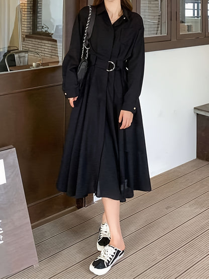 vlovelaw  Solid Lapel Neck Belt Dress, Chic Long Sleeve Midi A-line Dress, Women's Clothing