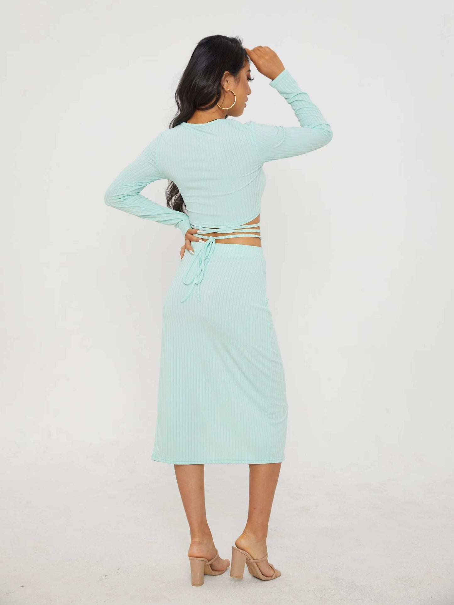 Solid Casual Two-piece Set, Tie Back Cropped Tops & Bag Hip Split Skirts Outfits, Women's Clothing