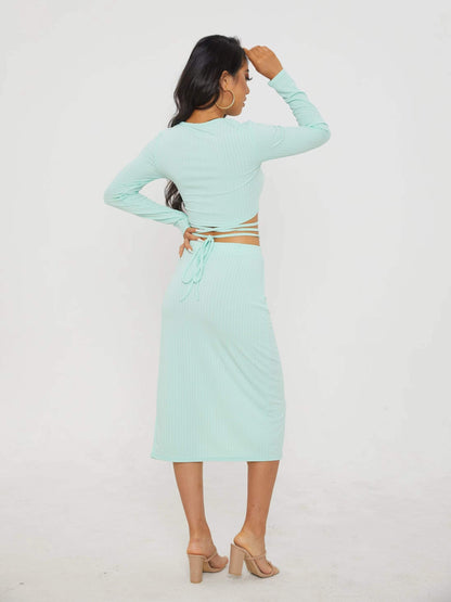 Solid Casual Two-piece Set, Tie Back Cropped Tops & Bag Hip Split Skirts Outfits, Women's Clothing