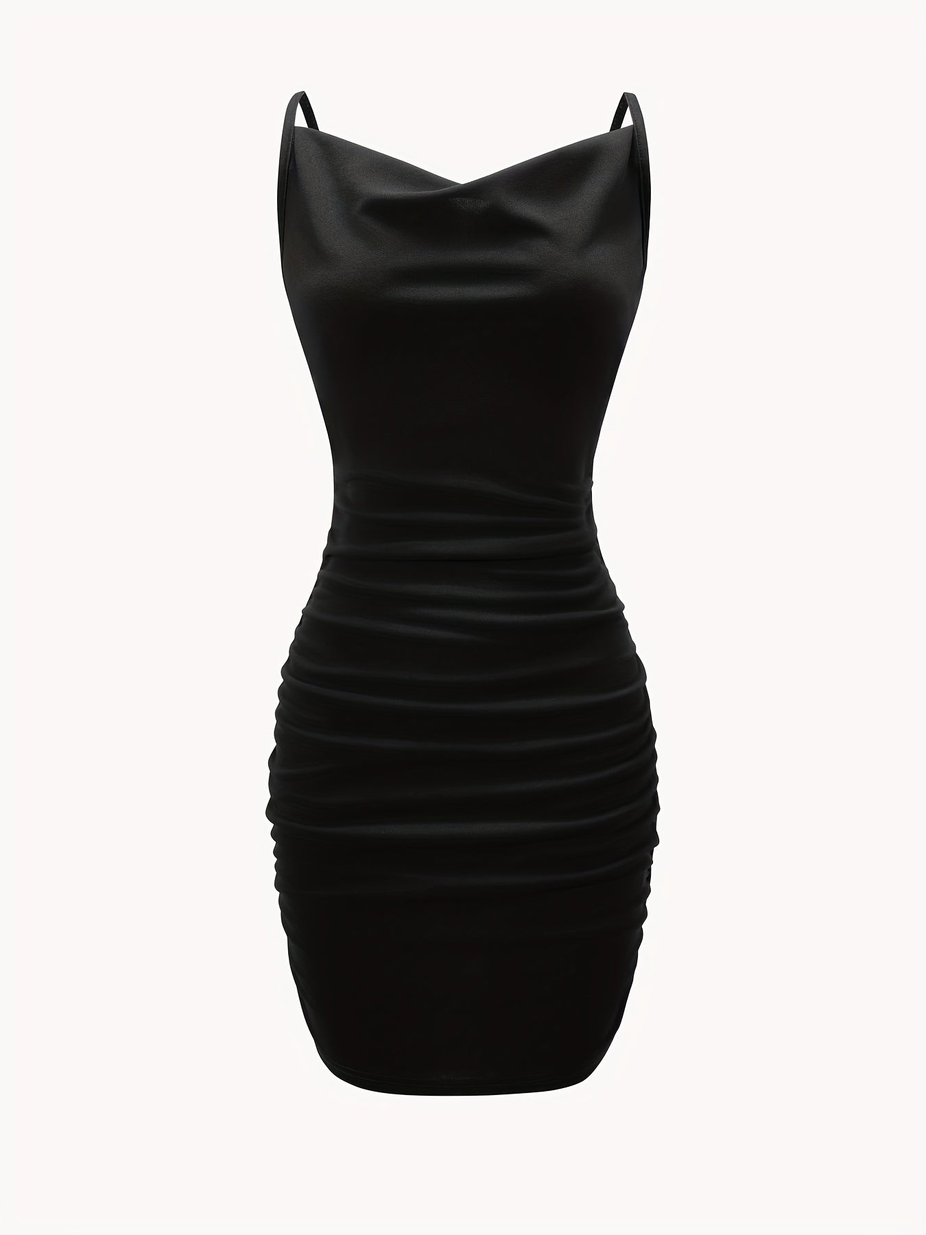 vlovelaw  Solid Cowl Neck Mini Dress, Ruched Side Body Con Cami Dress , Women's Clothings