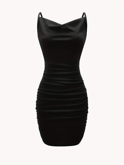 vlovelaw  Solid Cowl Neck Mini Dress, Ruched Side Body Con Cami Dress , Women's Clothings