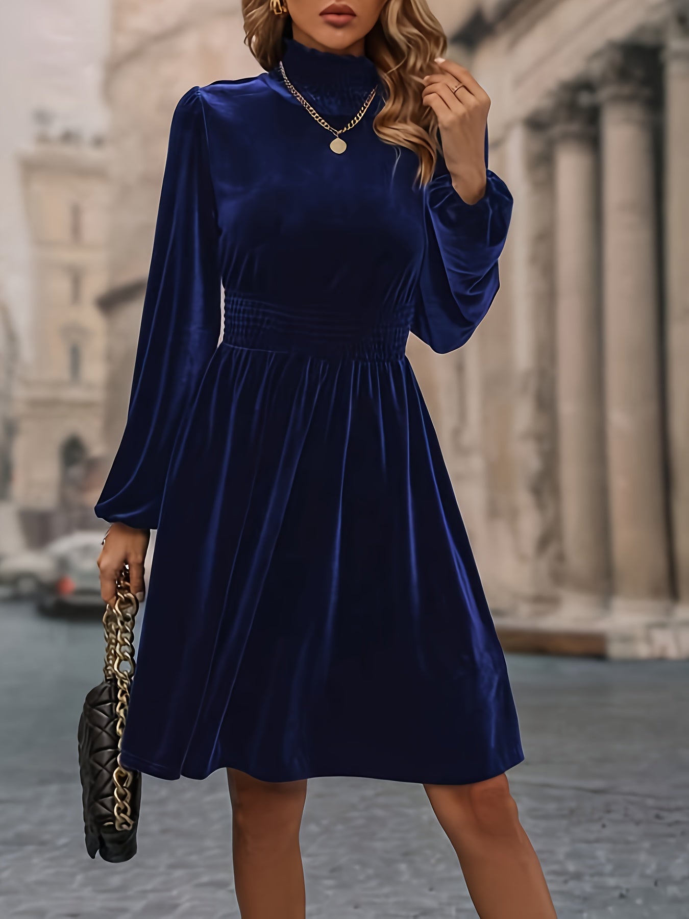 Solid Shirred Knee Length Dress, Elegant Long Sleeve Mock Neck Dress, Women's Clothing