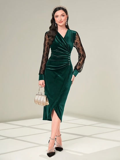 vlovelaw Contrast Lace Bodycon Dress, Elegant Long Sleeve Dress For Party & Banquet, Women's Clothing