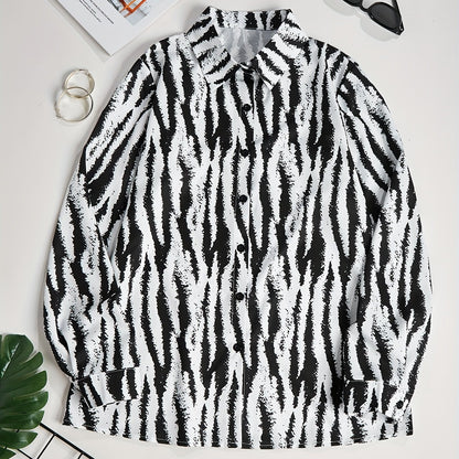 All Over Print Polo Collar Button Shirt, Casual Long Sleeve Shirt For Spring & Fall, Women's Clothing