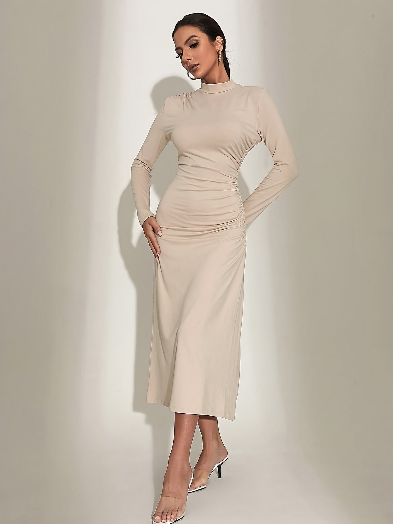 vlovelaw  Solid Mock Neck Dress, Elegant Long Sleeve Ruched Dress For Spring & Fall, Women's Clothing