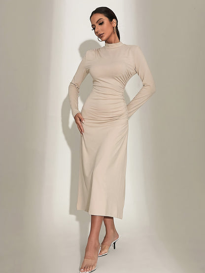 vlovelaw  Solid Mock Neck Dress, Elegant Long Sleeve Ruched Dress For Spring & Fall, Women's Clothing
