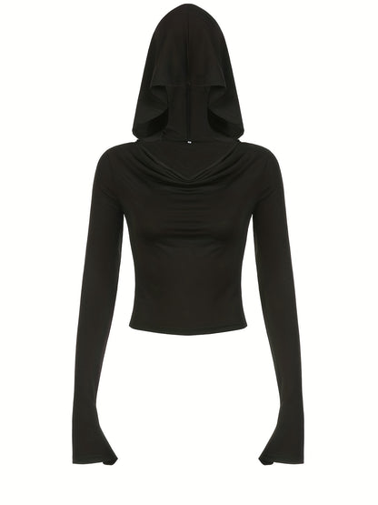 Solid Color Long Sleeve Hooded Top,Slim Long Sleeve Running Hoodie Crop Top,Women's Tops
