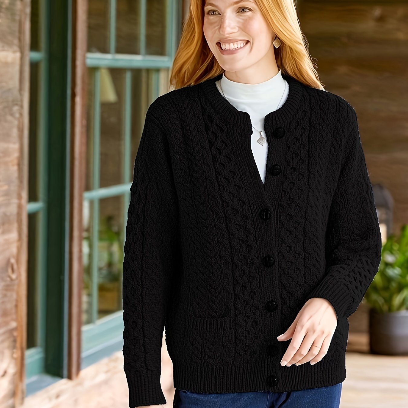 xieyinshe  Solid Button Up Knit Cardigan, Casual Crew Neck Long Sleeve Sweater With Pocket, Women's Clothing