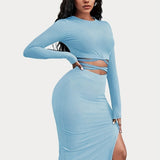 Solid Casual Two-piece Set, Tie Back Cropped Tops & Bag Hip Split Skirts Outfits, Women's Clothing