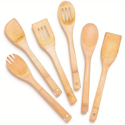 6pcs Bamboo Cooking Utensils Set - Includes Spoonula, Slotted Spoon, Shovel, And Spatula - Perfect For Nonstick Pans And Woks