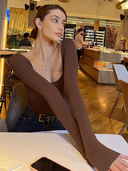 vlovelaw  Solid U Neck T-shirt, Elegant Long Sleeve Top For Spring & Fall, Women's Clothing
