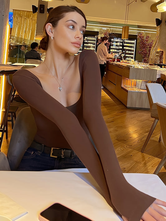 vlovelaw  Solid U Neck T-shirt, Elegant Long Sleeve Top For Spring & Fall, Women's Clothing