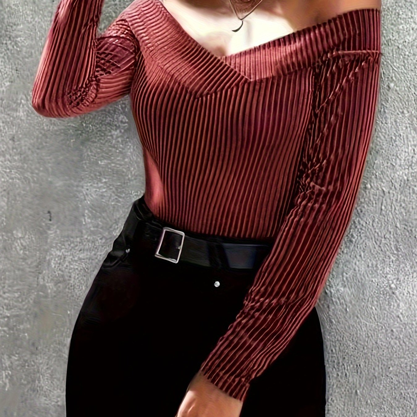 vlovelaw  Off-shoulder Ribbed Top, Casual Long Sleeve Slim T-Shirt, Women's Clothing