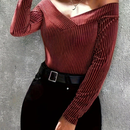 vlovelaw  Off-shoulder Ribbed Top, Casual Long Sleeve Slim T-Shirt, Women's Clothing