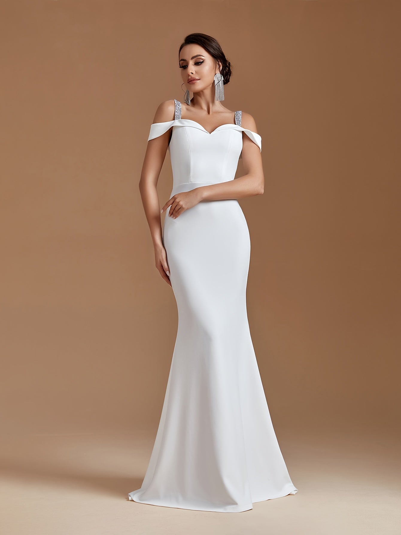 vlovelaw  Cold Shoulder Sweetheart Neck Dress, Floor Length Mermaid Wedding Dress, Women's Clothing