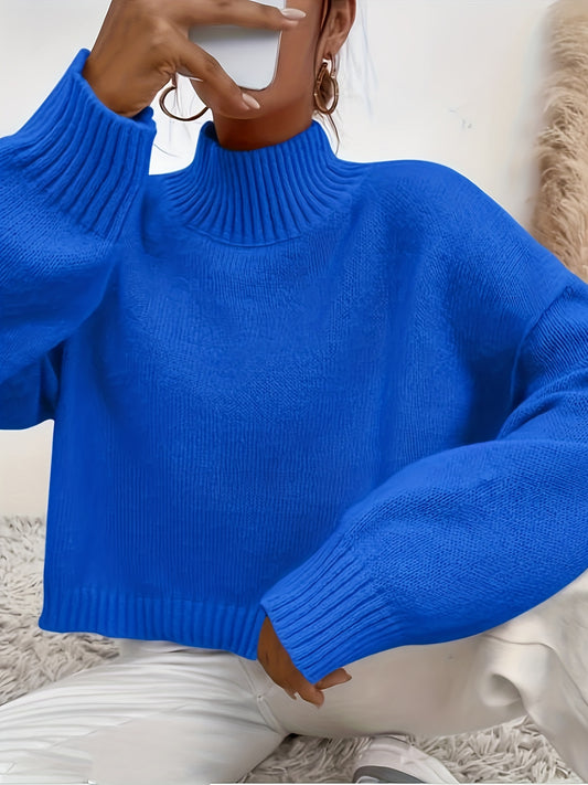 vlovelaw  Solid High Neck Knit Sweater, Elegant Simple Long Sleeve Sweater, Women's Clothing
