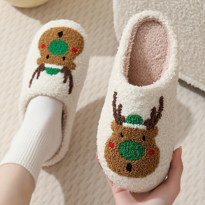 [Customer Favorite] Cozy Christmas Reindeer Plush Slippers for Couples - Warm, Soft Indoor Shoes with Non-Slip TPR Sole, Perfect for Winter