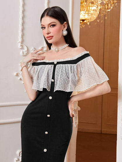 vlovelaw Off-shoulder Lace Cape Dress, Chic Split Hem Slim Dress For Spring & Summer, Women's Clothing