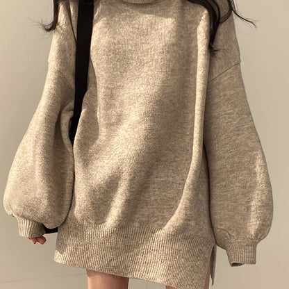 vlovelaw  Solid Turtle Neck Oversized Sweater, Casual Long Sleeve Split Sweater, Women's Clothing