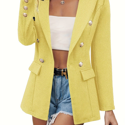 vlovelaw  Lapel Double Breasted Blazer, Elegant Long Sleeve Work Office Outerwear With Pockets, Women's Clothing