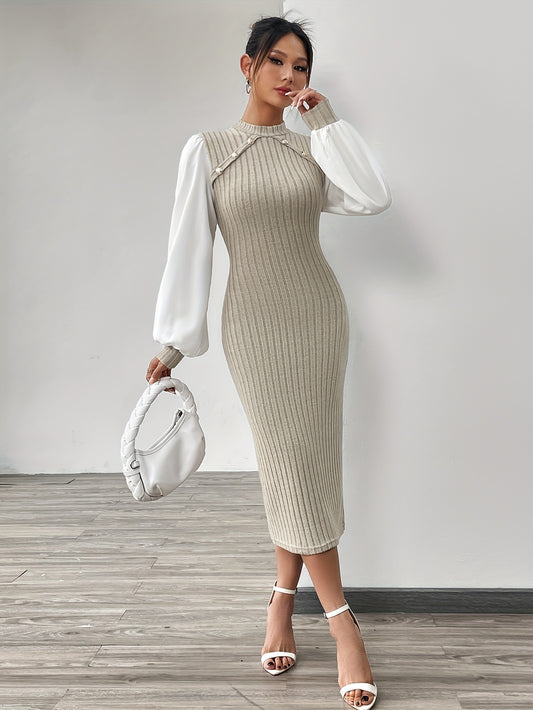 Ribbed Knit Button Decor Sheath Dress, Elegant Mock Neck Lantern Sleeve Midi Length Dress, Women's Clothing