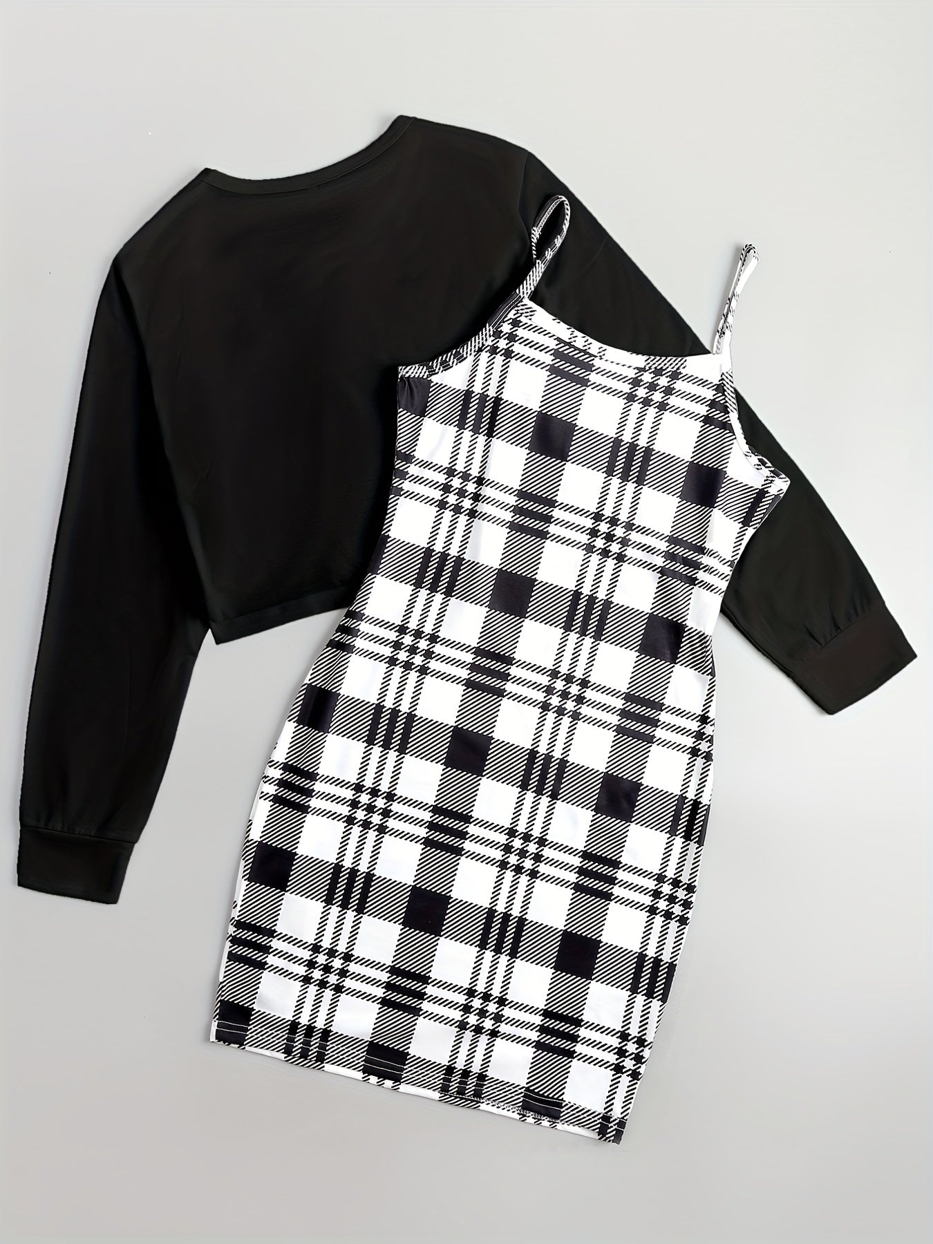vlovelaw  Casual Two-piece Dress Set, Asymmetrical Hem Long Sleeve Crop T-shirt & Plaid Pattern Cami Dress Outfits, Women's Clothing