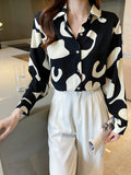 vlovelaw  Geo Print V-neck Loose Lapel Blouses, Casual Button Down Long Sleeve Fashion Shirts Tops, Women's Clothing