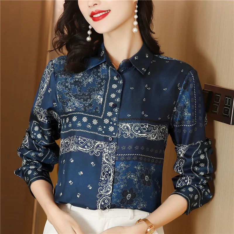 Ribbon Bow Women Silk Print Shirt Polka Dot Long Sleeve Button Up Blouses Office Ladies Casual Shirts Spring Autumn Designer Blouse Fine Elegant Tops Woman
