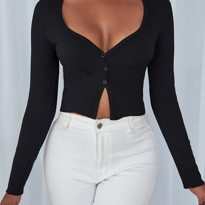 vlovelaw  Solid Rib-knit Button Up T-shirt, Casual Long Sleeve Top For Spring & Fall, Women's Clothing