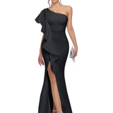 vlovelaw  Slant Shoulder Ruffle Trim Dress, Elegant Bodycon Asymmetrical Hem Dress For Party & Banquet, Women's Clothing