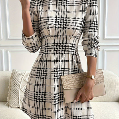 vlovelaw Plaid Pattern Mock Neck Dress, Elegant Long Sleeve Dress For Spring & Fall, Women's Clothing