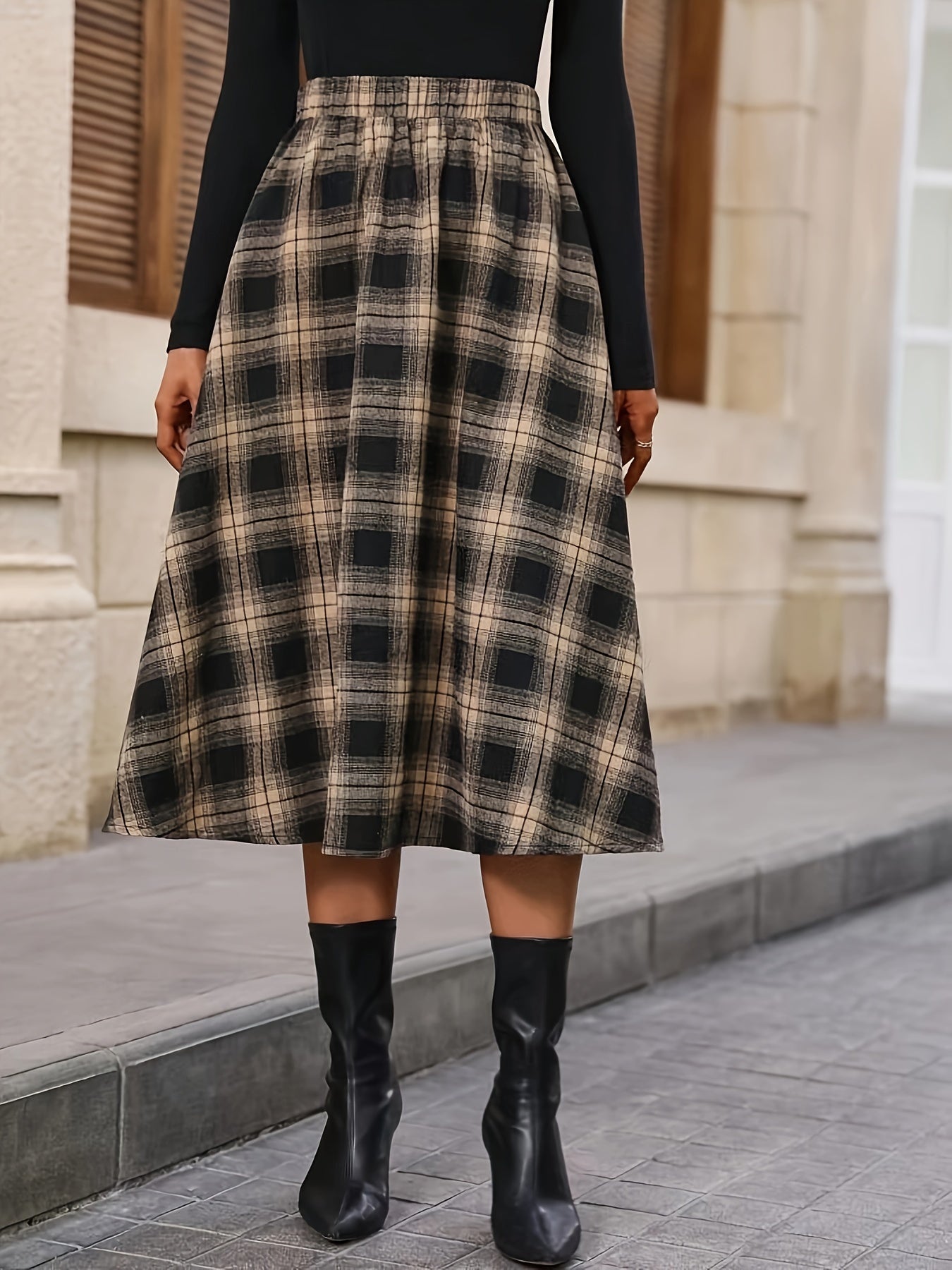Plaid Pattern High Waist Skirt, Elegant A Line Midi Sirt, Women's Clothing