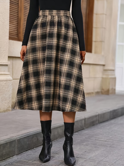 Plaid Pattern High Waist Skirt, Elegant A Line Midi Sirt, Women's Clothing