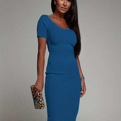 vlovelaw Solid Ribbed Dress, Elegant V Neck Short Sleeve Slim Dress, Women's Clothing